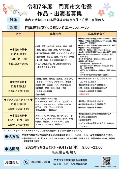 主催事業 【令和7年度 門真市文化祭】開催要項・参加申込用紙　配布のお知らせ