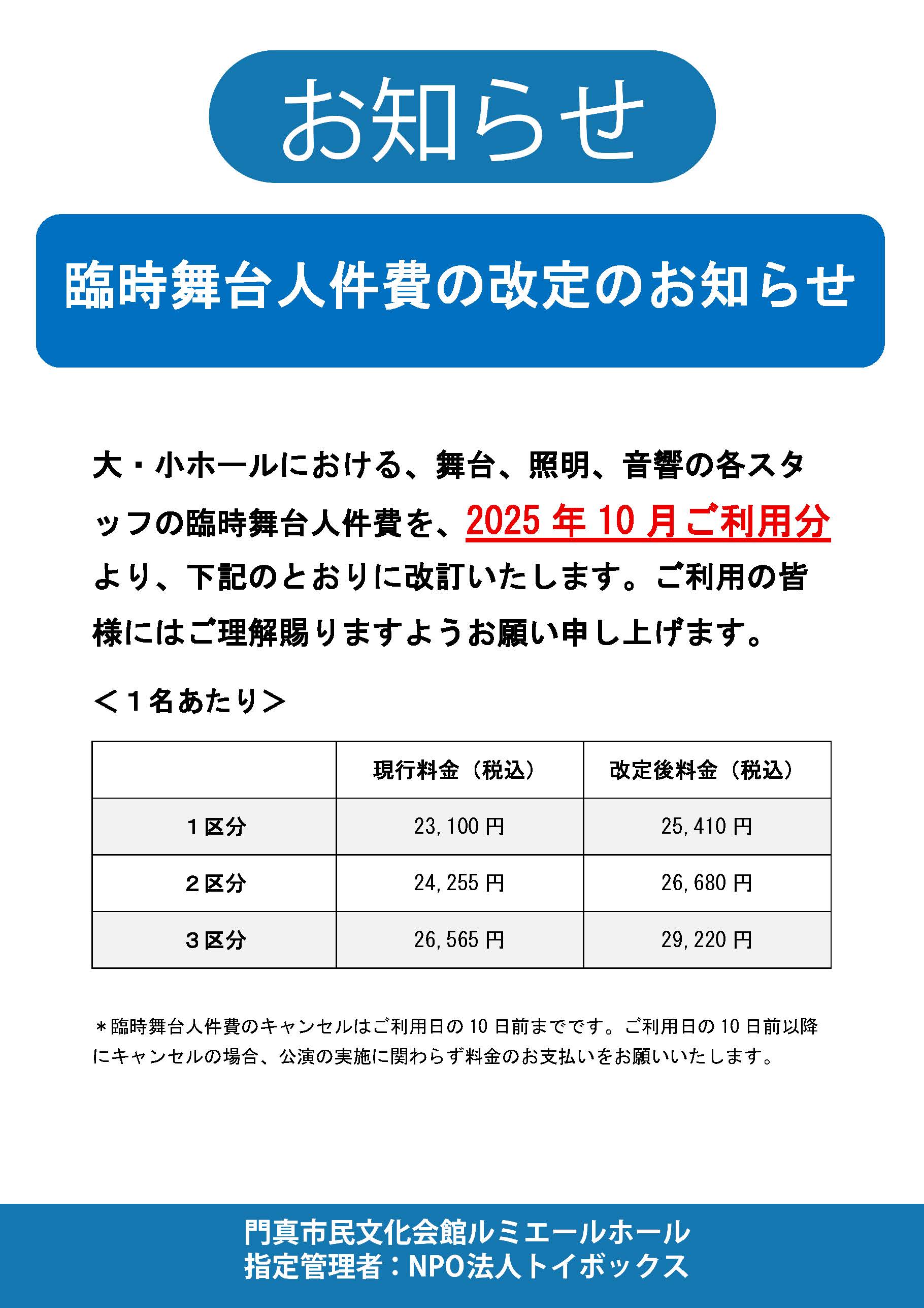 大・小ホールの臨時舞台人件費の改定について